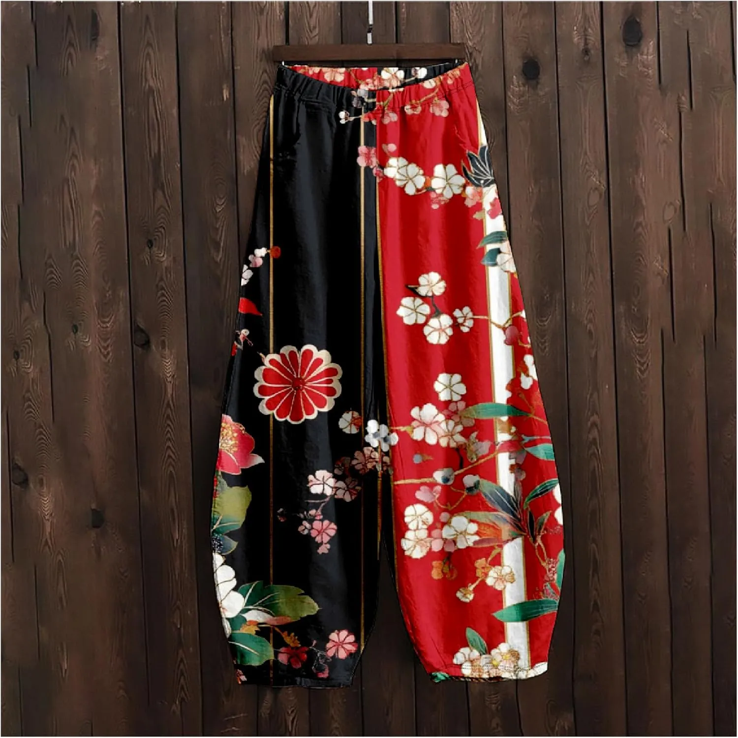 Womens Japanese Art Print Baggy Cotton Linen Pants Elastic Waist Wide Leg Flowy Boho Lounge Pants with Pockets