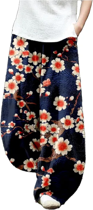 Womens Japanese Art Print Baggy Cotton Linen Pants Elastic Waist Wide Leg Flowy Boho Lounge Pants with Pockets