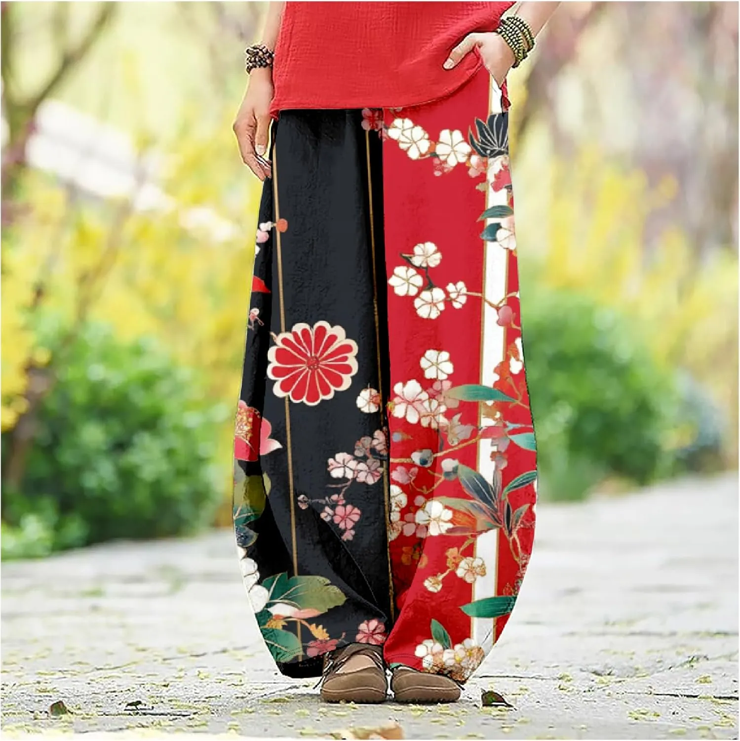 Womens Japanese Art Print Baggy Cotton Linen Pants Elastic Waist Wide Leg Flowy Boho Lounge Pants with Pockets