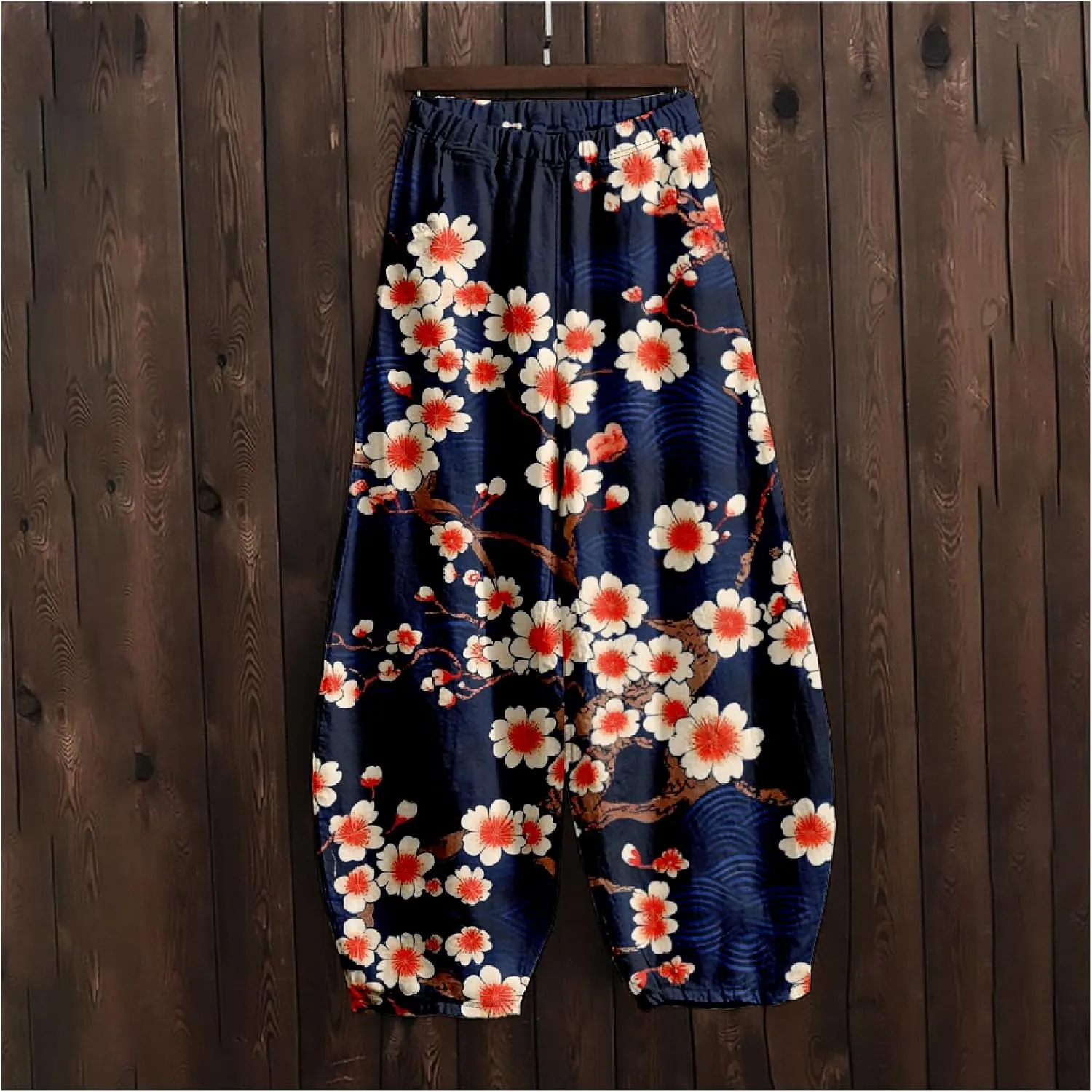 Womens Japanese Art Print Baggy Cotton Linen Pants Elastic Waist Wide Leg Flowy Boho Lounge Pants with Pockets