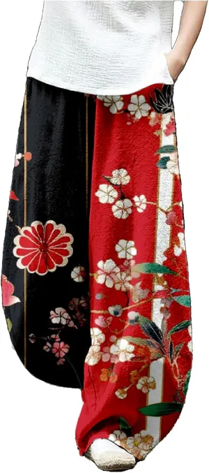 Womens Japanese Art Print Baggy Cotton Linen Pants Elastic Waist Wide Leg Flowy Boho Lounge Pants with Pockets