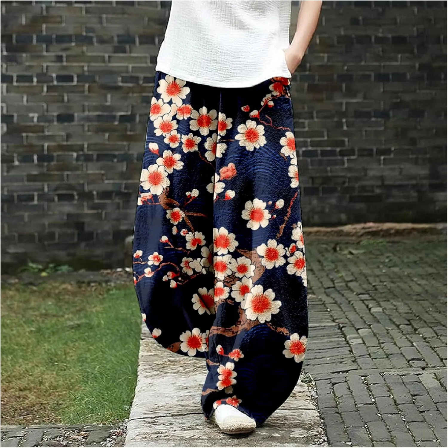 Womens Japanese Art Print Baggy Cotton Linen Pants Elastic Waist Wide Leg Flowy Boho Lounge Pants with Pockets