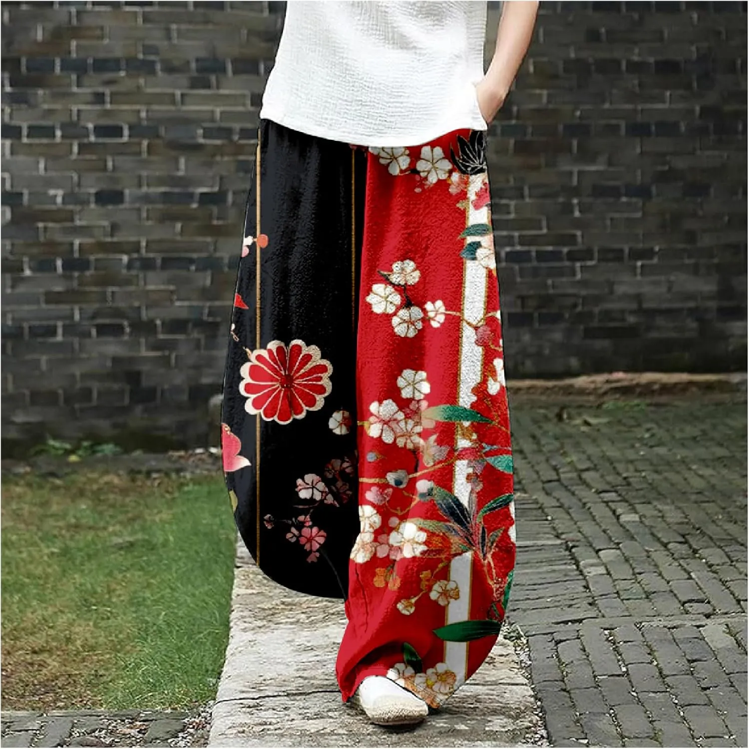 Womens Japanese Art Print Baggy Cotton Linen Pants Elastic Waist Wide Leg Flowy Boho Lounge Pants with Pockets
