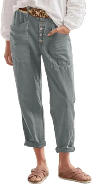 Women's Lightweight Cotton Linen Pants Casual Breathable Solid Button Cropped Pant Soft Stylish Straight Leg Pant with Pocket