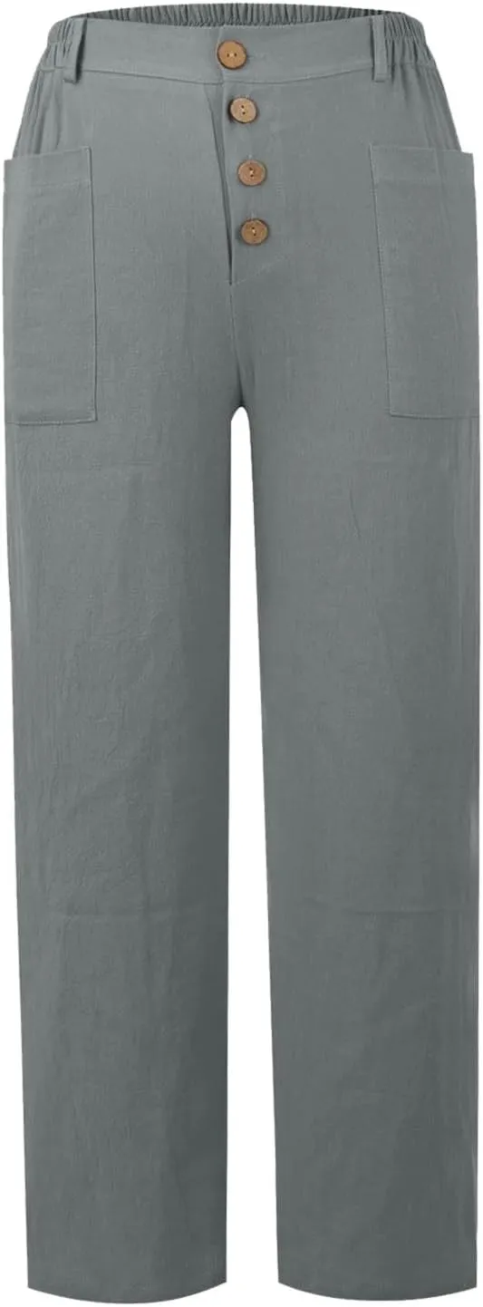Women's Lightweight Cotton Linen Pants Casual Breathable Solid Button Cropped Pant Soft Stylish Straight Leg Pant with Pocket
