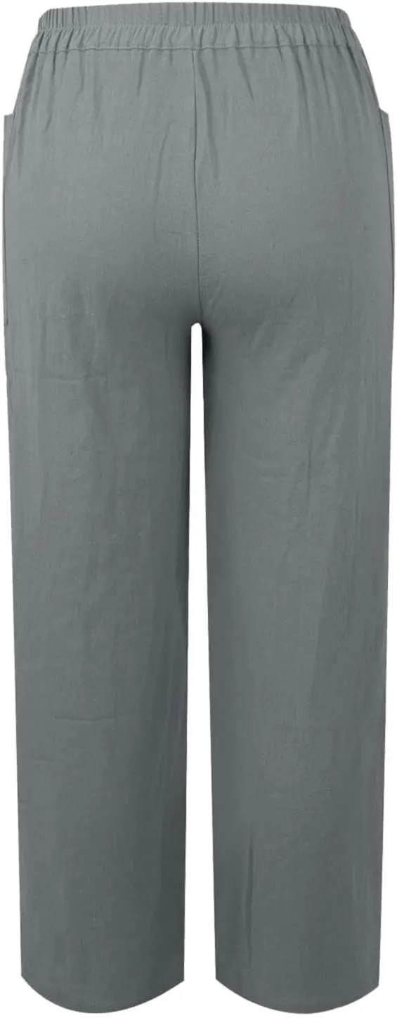 Women's Lightweight Cotton Linen Pants Casual Breathable Solid Button Cropped Pant Soft Stylish Straight Leg Pant with Pocket
