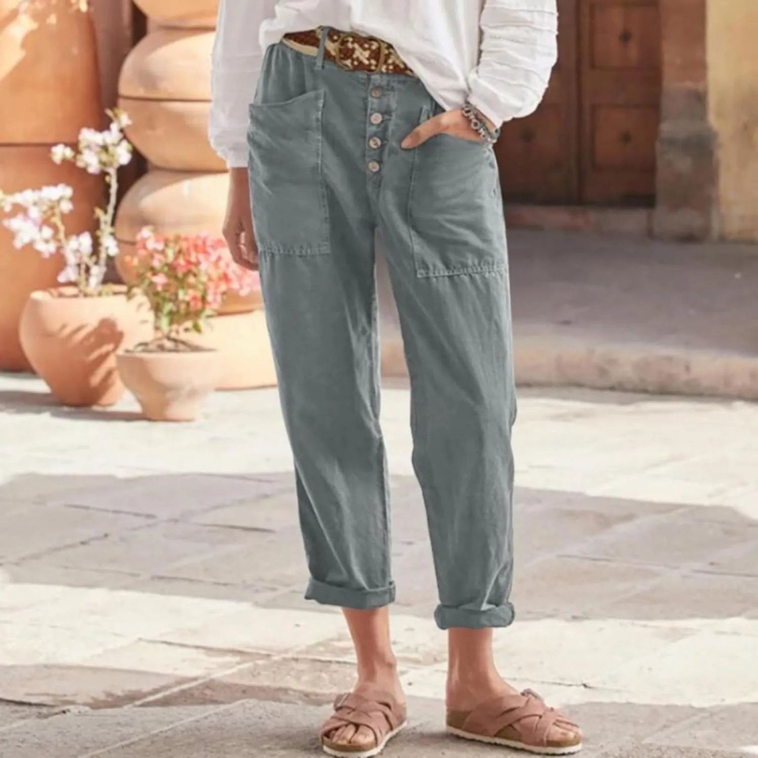 Women's Lightweight Cotton Linen Pants Casual Breathable Solid Button Cropped Pant Soft Stylish Straight Leg Pant with Pocket