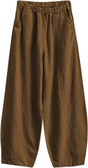 Womens Linen Pants Baggy Casual Summer Boho Beach Flowy Solid Color High Waisted Wide Leg Pants Stretch Trousers with Pockets