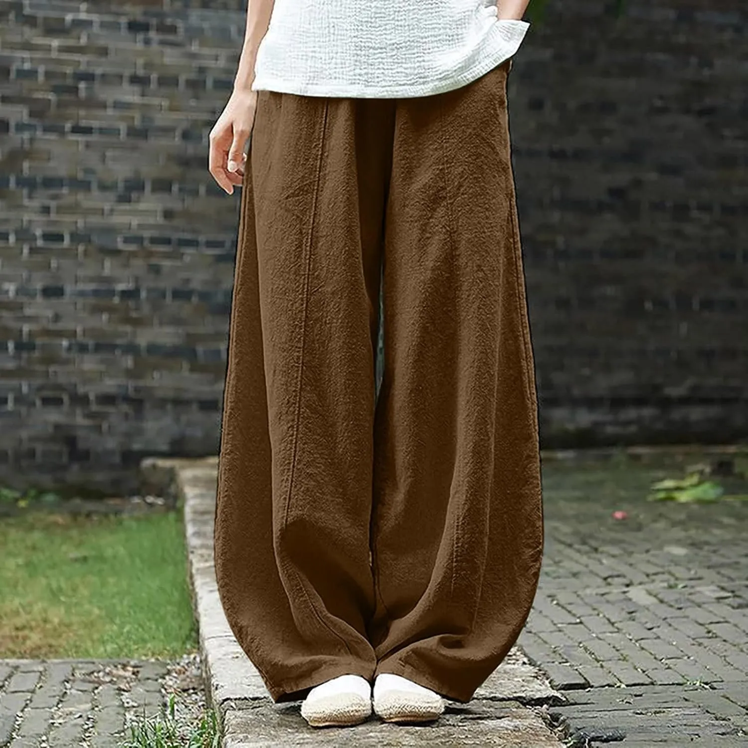 Womens Linen Pants Baggy Casual Summer Boho Beach Flowy Solid Color High Waisted Wide Leg Pants Stretch Trousers with Pockets