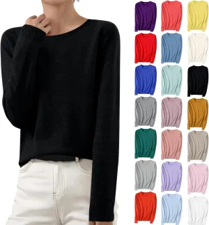 Women's Long Sleeve Shirts Crewneck Sweater Knitting Tops Lightweight Relaxed Fit Blouse Underscrubs Layer Basic Tees