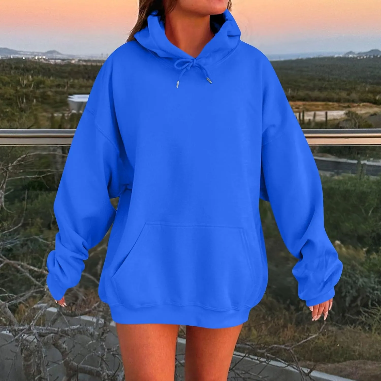 Womens Oversized Hoodies Fleece Solid Color Long Sleeve Sweatshirts with Pockets Winter Basic Pullover 2024 Fashion Tops