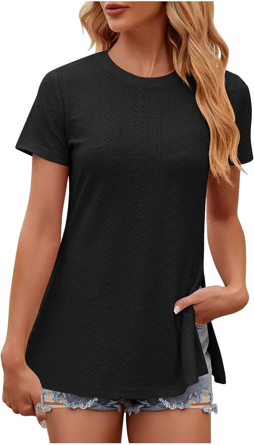 Women's Oversized T Shirts Crew Neck Short Sleeve Tops Casual Basic Tee Loose Fit Tunic Blouse with Side Split Slit