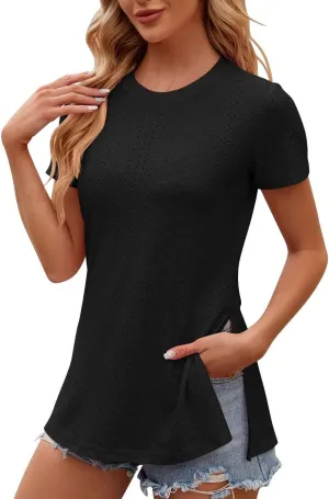 Women's Oversized T Shirts Crew Neck Short Sleeve Tops Casual Basic Tee Loose Fit Tunic Blouse with Side Split Slit
