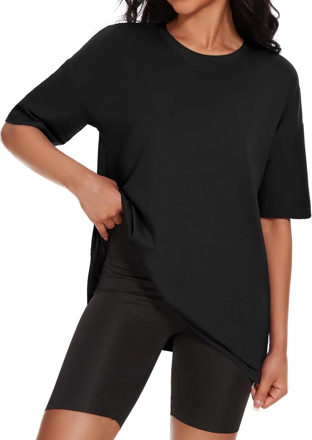 Women's Oversized T Shirts Summer Casual Crewneck Tunic Tops Short Sleeve Cozy Comfy Cotton Basic Tees