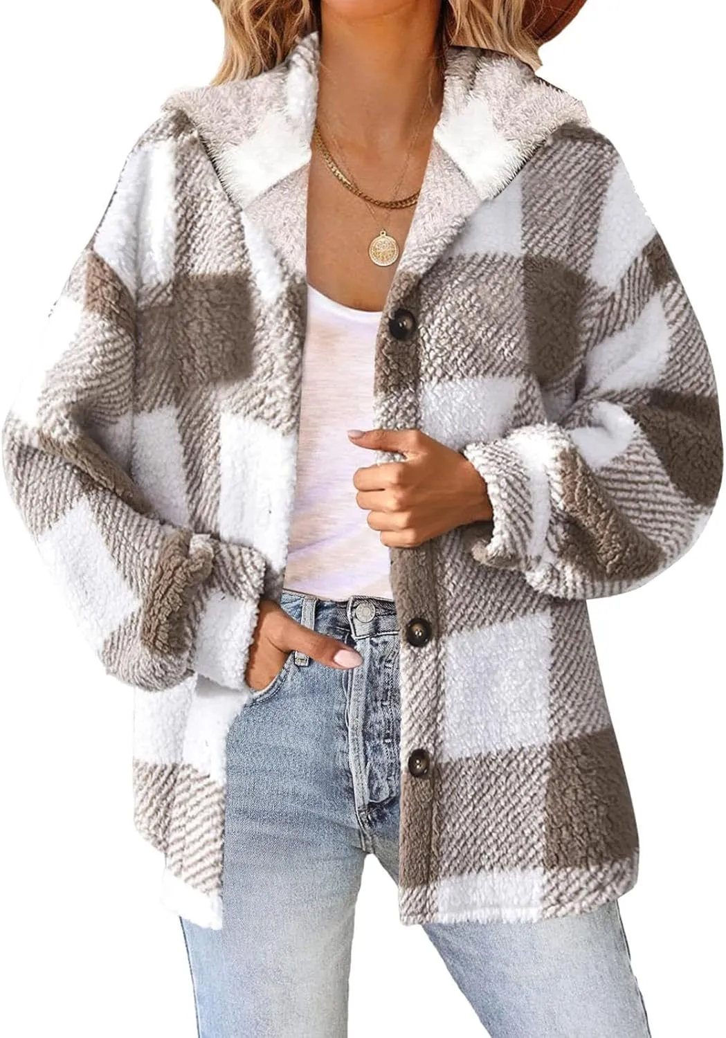 Womens Plaid Shacket Fall Jacket Fleece Lined Button Up Cardigan Plaid Lapel Casual Coats Y2K Shirt Jackets 2024
