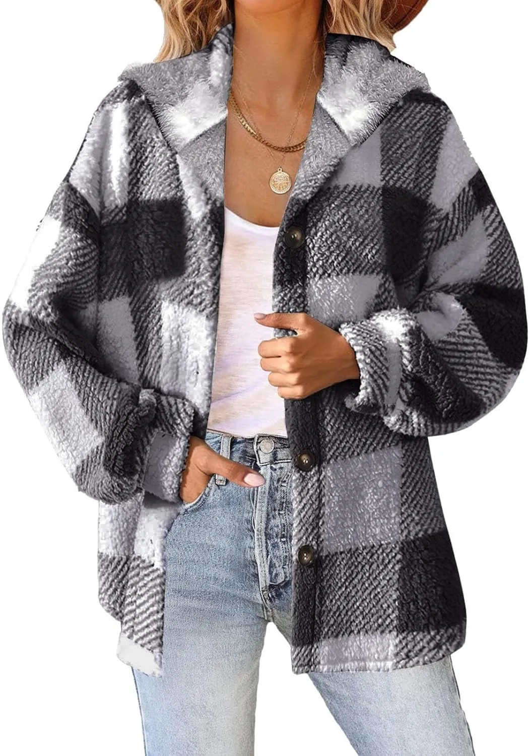 Womens Plaid Shacket Fall Jacket Fleece Lined Button Up Cardigan Plaid Lapel Casual Coats Y2K Shirt Jackets 2024