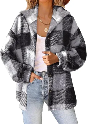 Womens Plaid Shacket Fall Jacket Fleece Lined Button Up Cardigan Plaid Lapel Casual Coats Y2K Shirt Jackets 2024