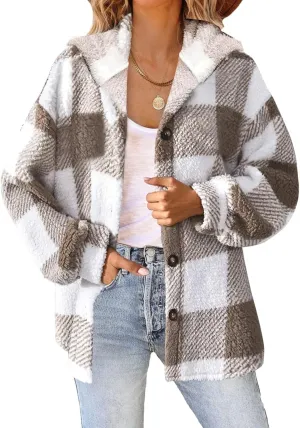 Womens Plaid Shacket Fall Jacket Fleece Lined Button Up Cardigan Plaid Lapel Casual Coats Y2K Shirt Jackets 2024