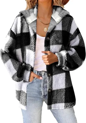 Womens Plaid Shacket Fall Jacket Fleece Lined Button Up Cardigan Plaid Lapel Casual Coats Y2K Shirt Jackets 2024