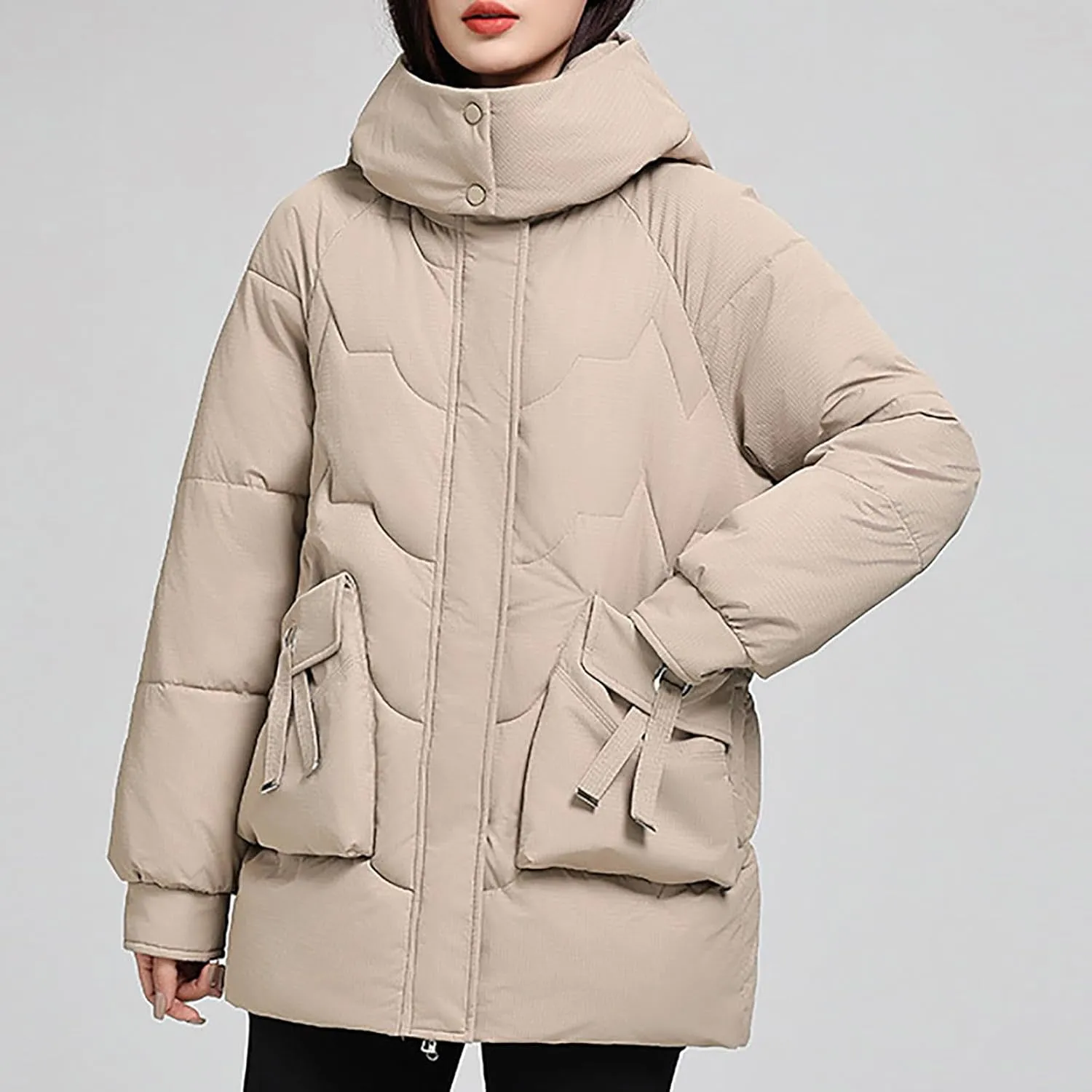 Womens Puffer Jacket with Hood Oversized Down Jacket Zip up Padded Coat Quilted Insulated Jacket Fashion Outerwear