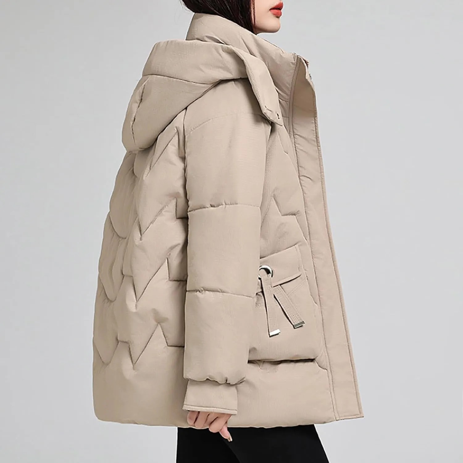 Womens Puffer Jacket with Hood Oversized Down Jacket Zip up Padded Coat Quilted Insulated Jacket Fashion Outerwear