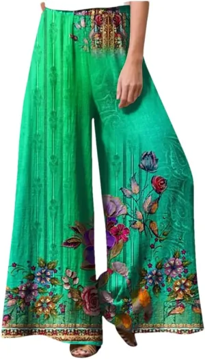 Women's Retro Floral Pring Casual Loose Pants Breathable Elastic High Waist Wide Leg Straight Trousers