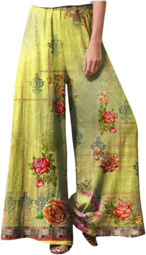 Women's Retro Floral Pring Casual Loose Pants Breathable Elastic High Waist Wide Leg Straight Trousers