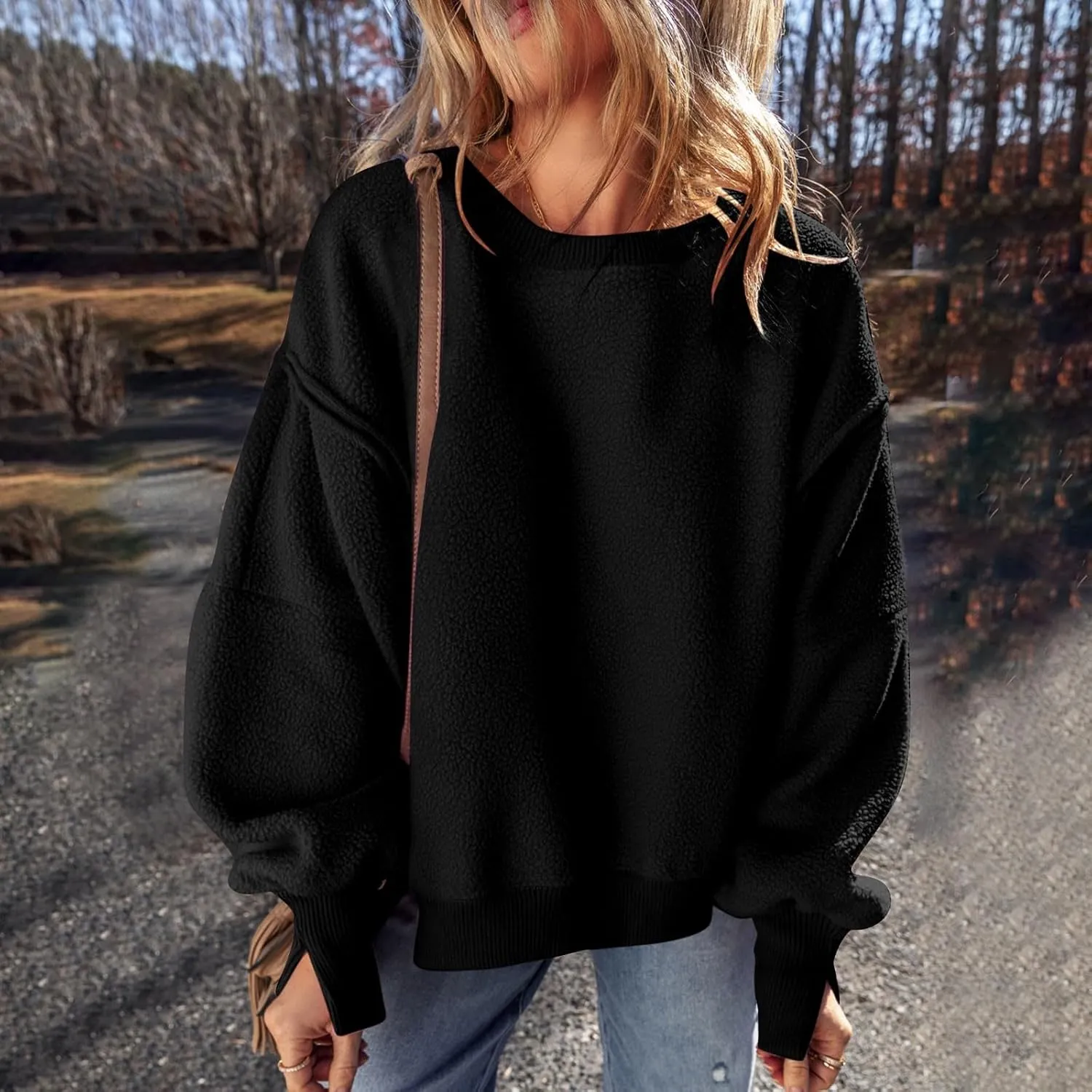 Women's Sherpa Fleece Oversized Sweatshirts Drop Shoulder Long Sleeve Hoodies Crewneck Warm Fuzzy Sweatshirt