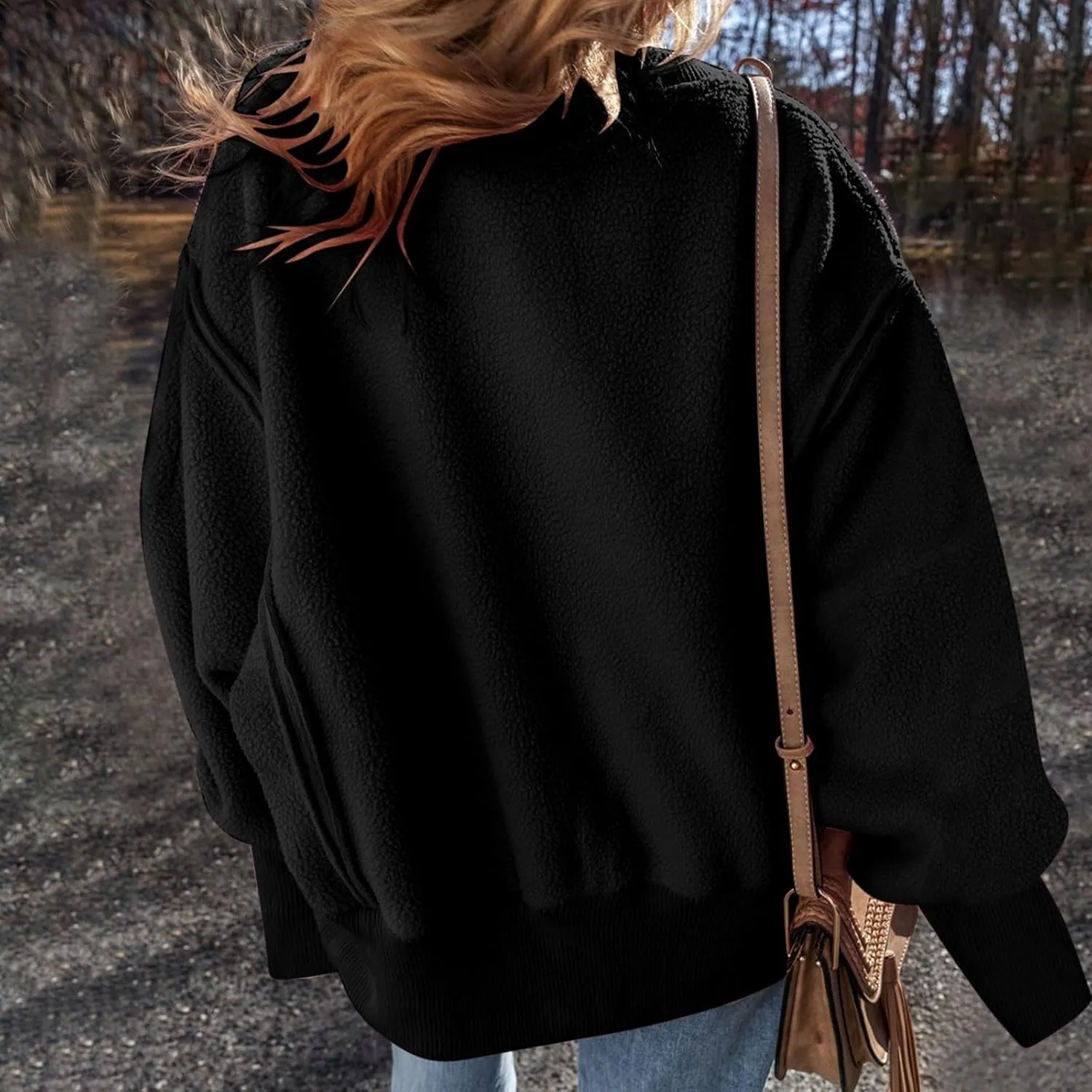 Women's Sherpa Fleece Oversized Sweatshirts Drop Shoulder Long Sleeve Hoodies Crewneck Warm Fuzzy Sweatshirt