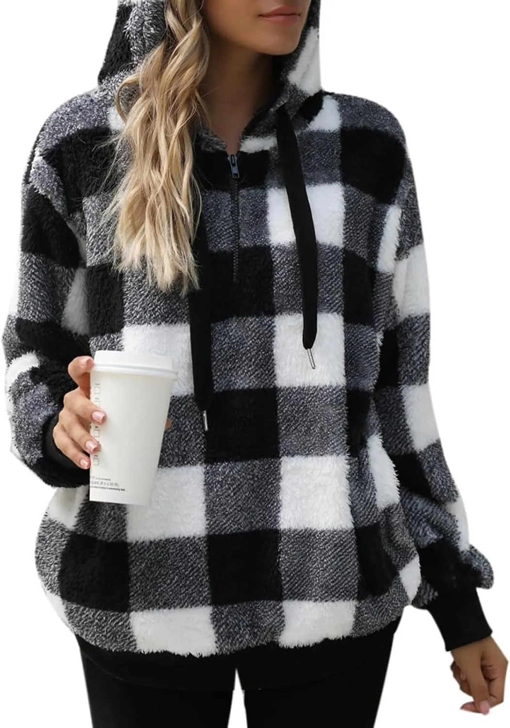 Womens Sherpa Pullover Hoodie Fleece Quarter Zip Sweatshirt Buffalo Plaid Fluffy Coat Outwear