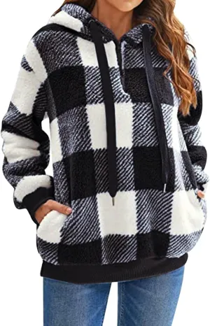 Womens Sherpa Pullover Hoodie Fleece Quarter Zip Sweatshirt Buffalo Plaid Fluffy Coat Outwear