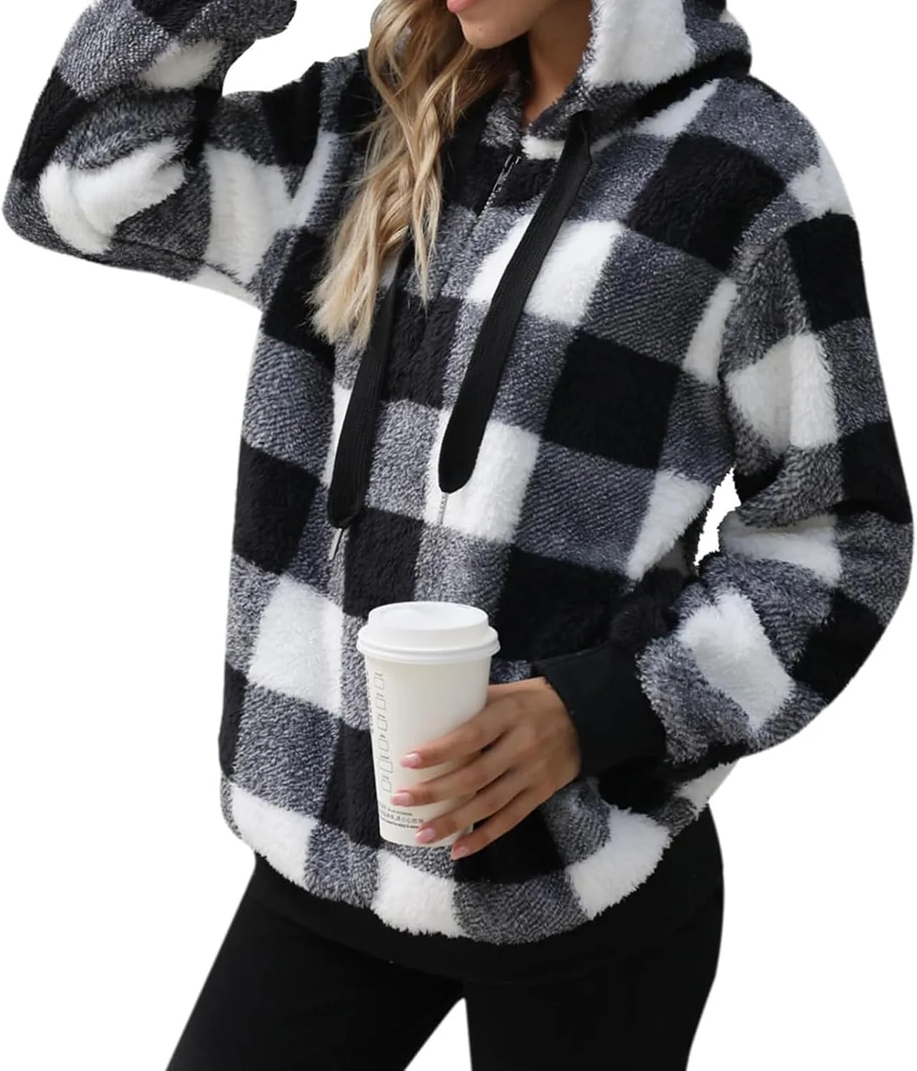 Womens Sherpa Pullover Hoodie Fleece Quarter Zip Sweatshirt Buffalo Plaid Fluffy Coat Outwear