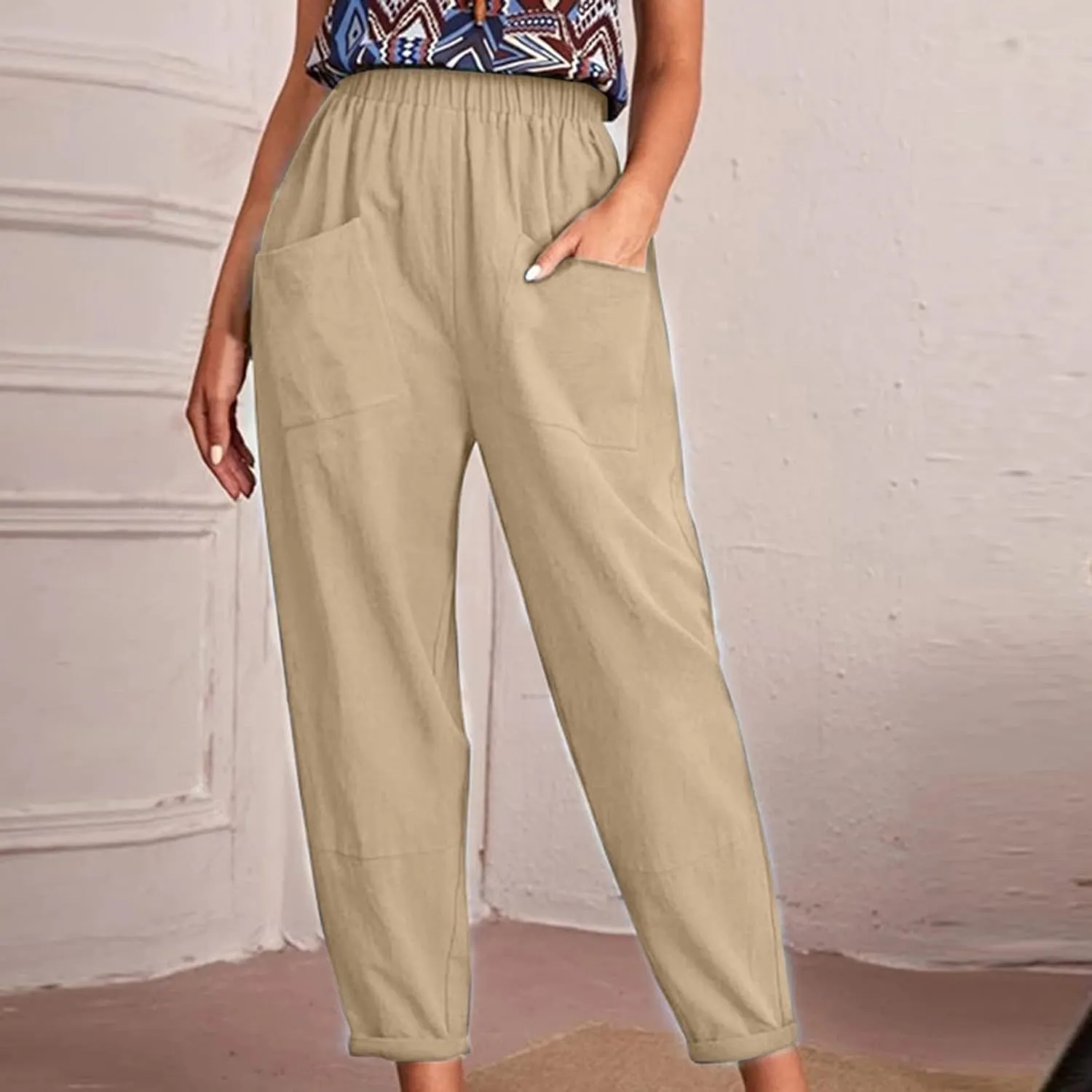 Women's Solid Casual Elastic Belt High Waist Running Sweatpants Cotton Linen Lightweight Straight Leg Fitted Cropped Trousers