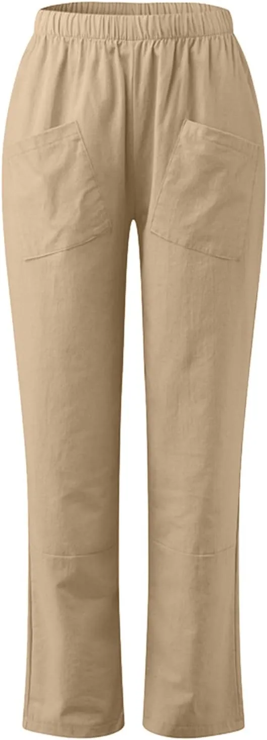Women's Solid Casual Elastic Belt High Waist Running Sweatpants Cotton Linen Lightweight Straight Leg Fitted Cropped Trousers