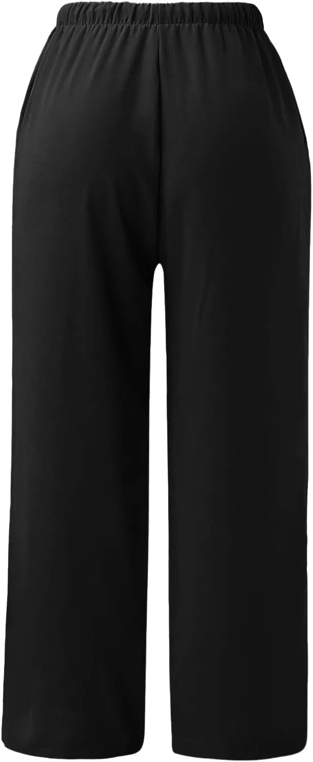 Women's Solid Casual Elastic Belt High Waist Trousers Straight Wide Leg Plus Size Baggy Comfy Soft Pants