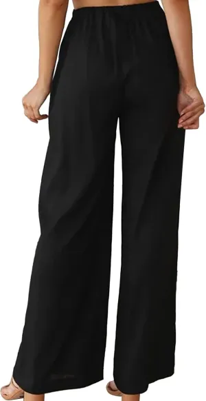 Women's Solid Casual Elastic Belt High Waist Trousers Straight Wide Leg Plus Size Baggy Comfy Soft Pants