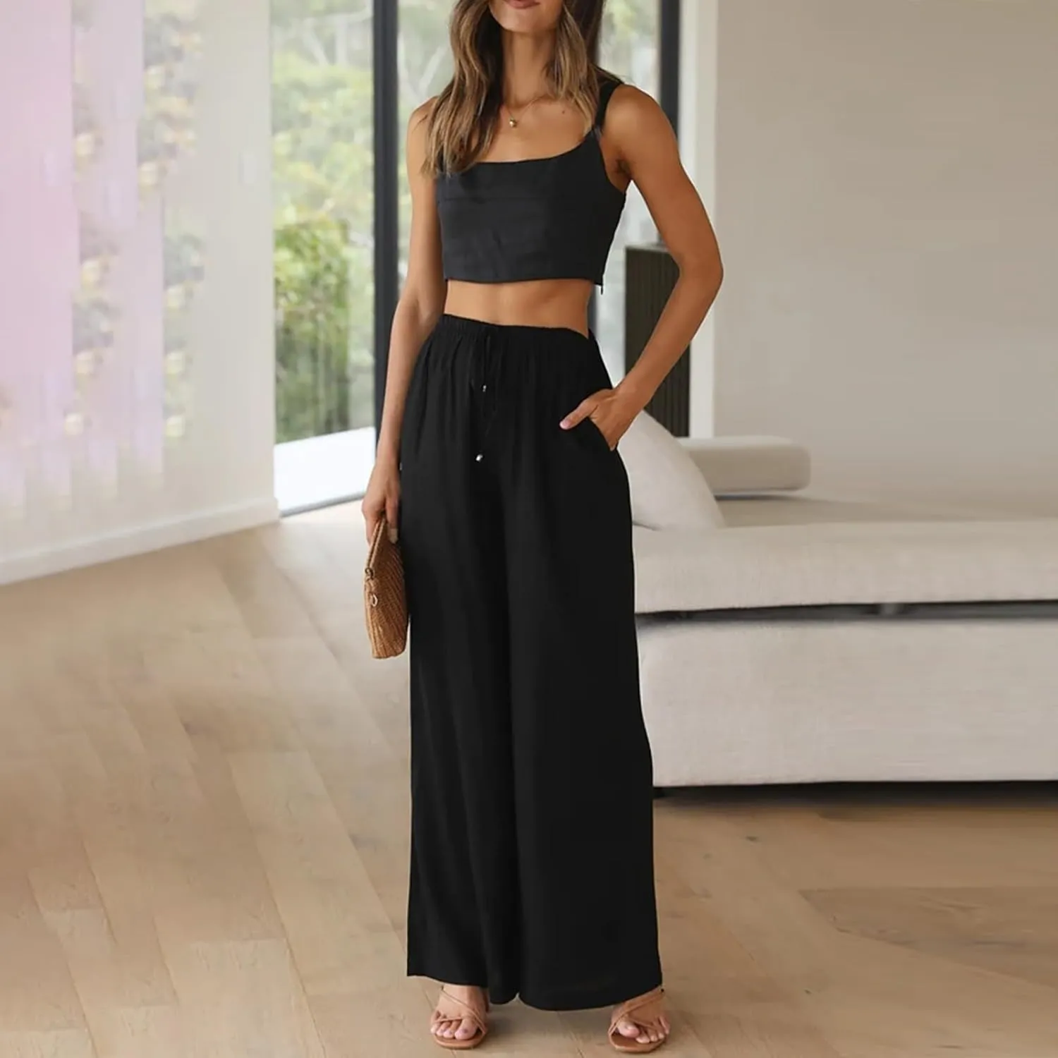 Women's Solid Casual Elastic Belt High Waist Trousers Straight Wide Leg Plus Size Baggy Comfy Soft Pants