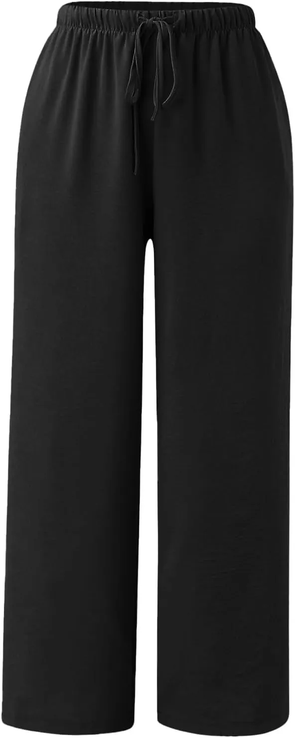 Women's Solid Casual Elastic Belt High Waist Trousers Straight Wide Leg Plus Size Baggy Comfy Soft Pants