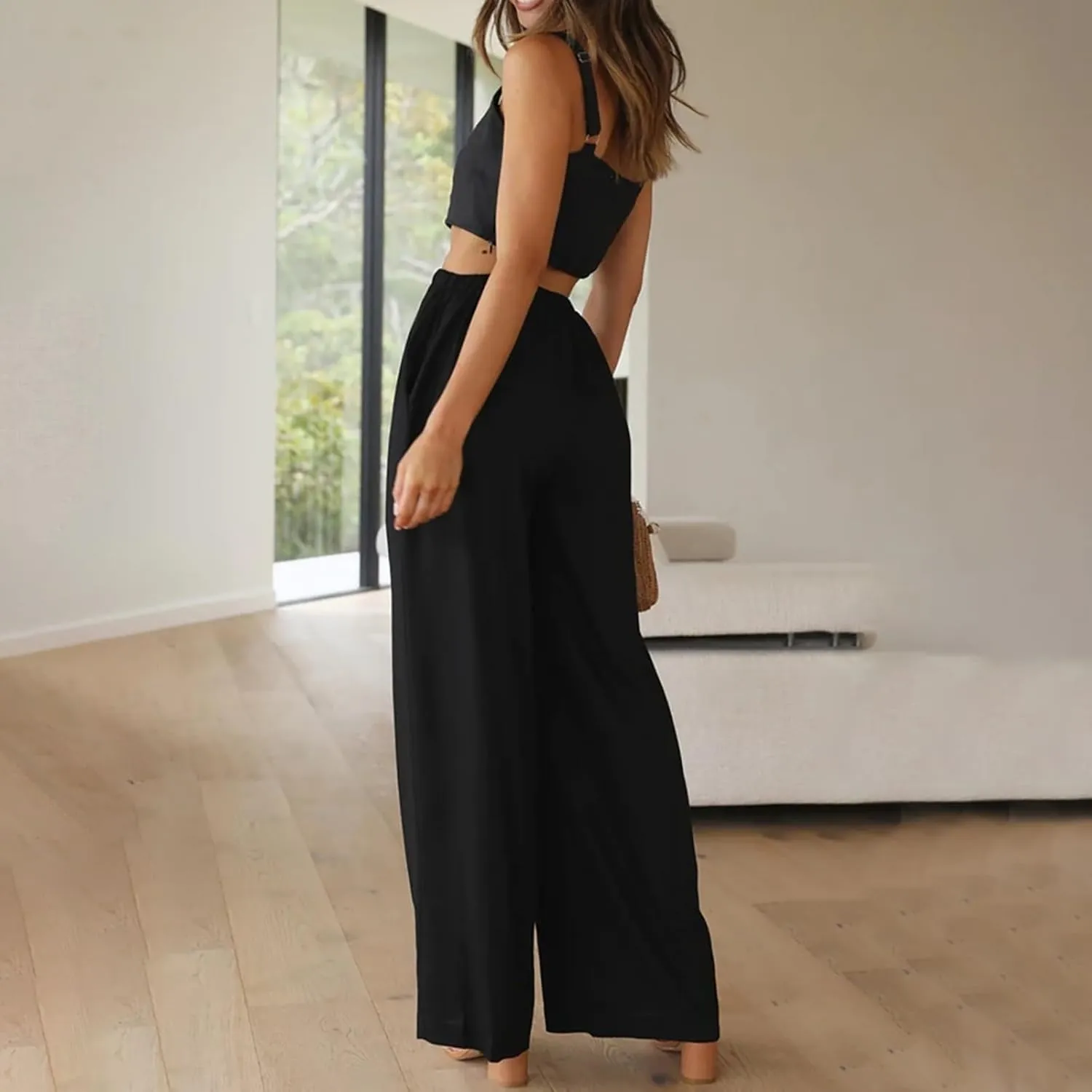 Women's Solid Casual Elastic Belt High Waist Trousers Straight Wide Leg Plus Size Baggy Comfy Soft Pants