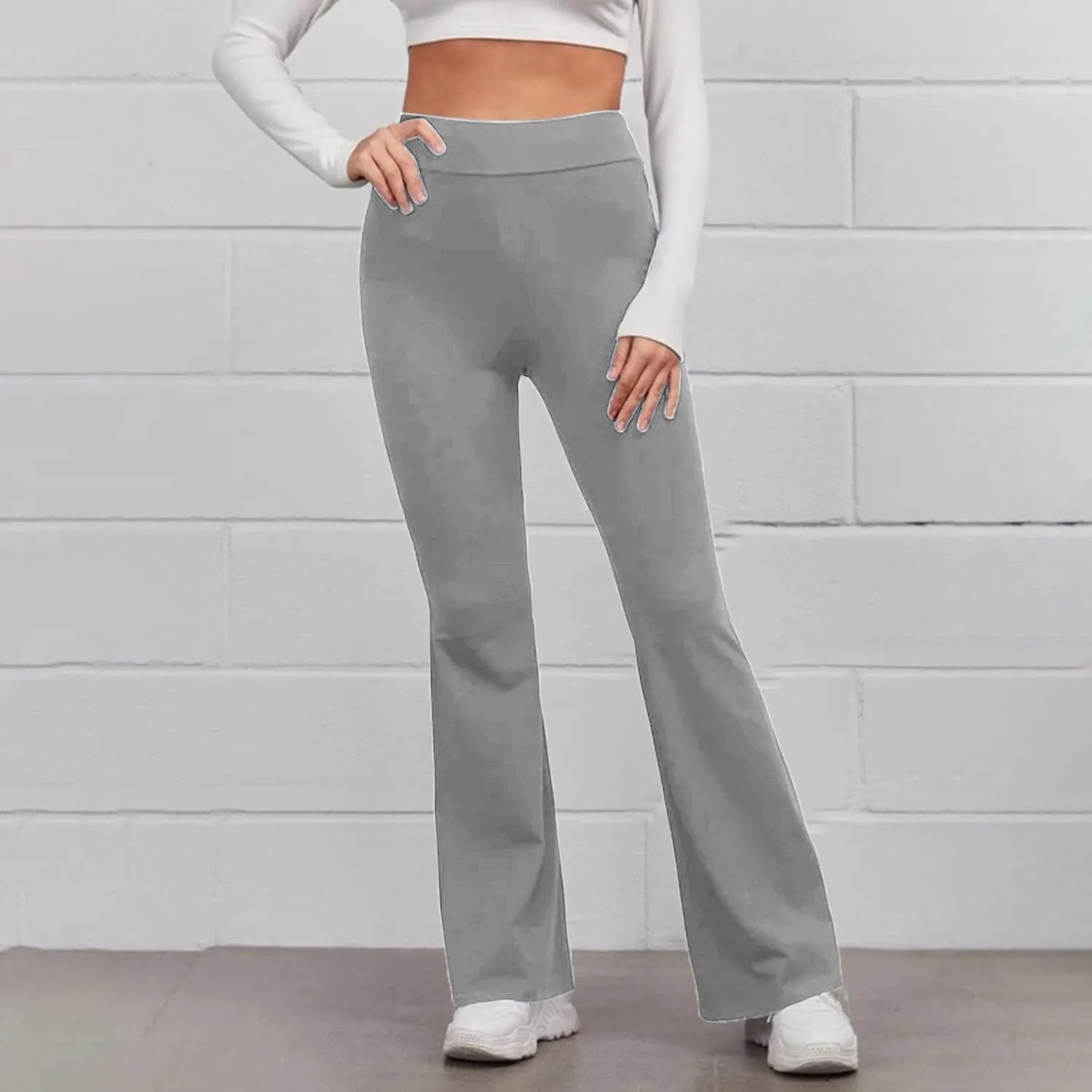 Women's Solid Casual Elastic High Waisted Yoga Sweatpants Stretch Soft Comfy Straight Wide Leg Trousers with Pockets