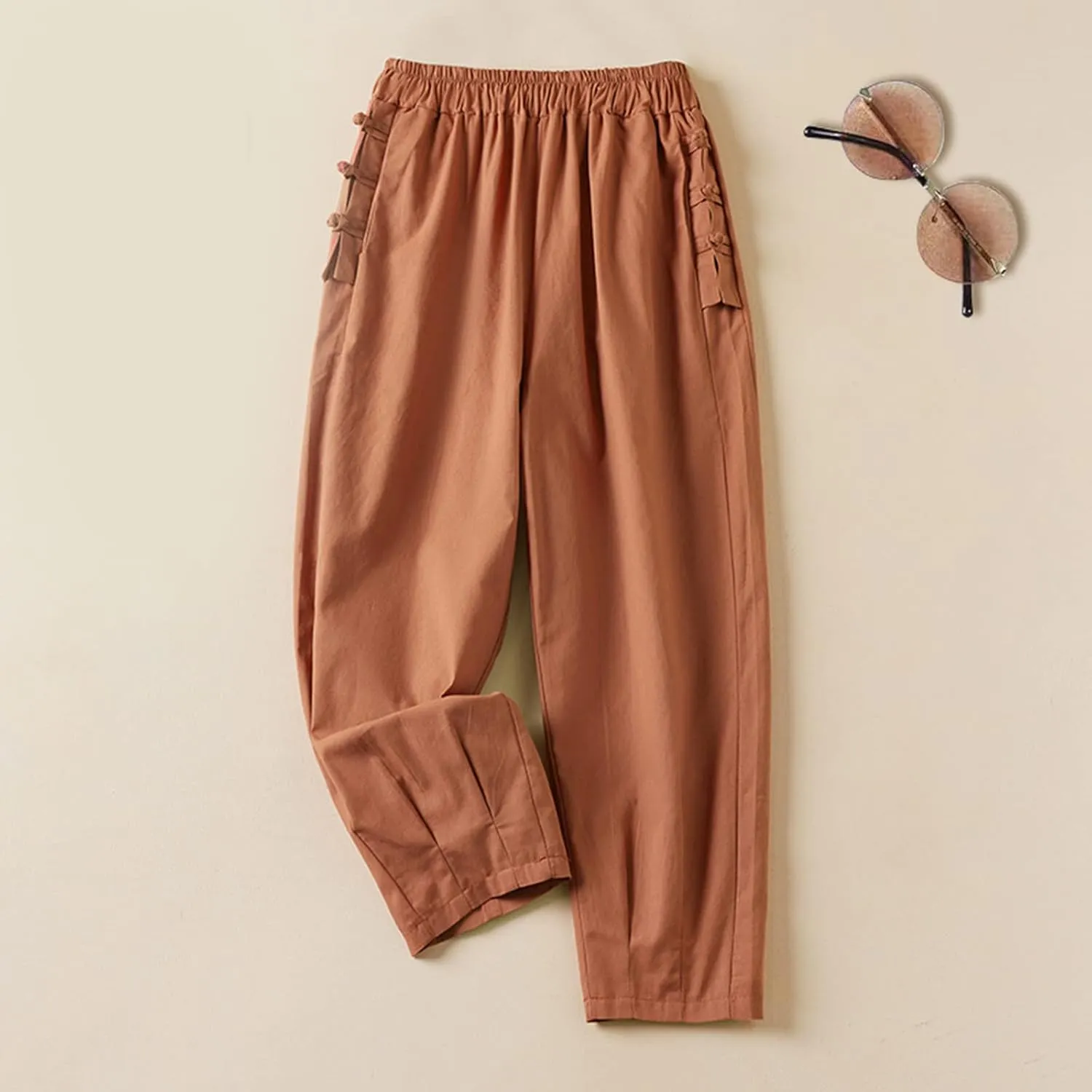 Women's Solid Elastic High Waist Cropped Pants New Casual Trendy Straight Wide Leg Plus Size Comfy Business Trousers