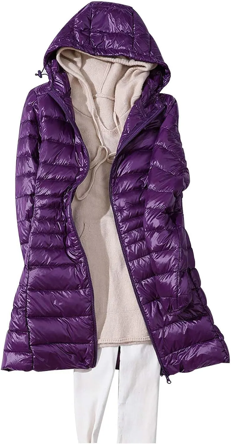 Womens Solid Long Puffer Jacket Fashion Slim Hooded Down Coat Lightweight Packable Long Sleeve Overcoat Daily Outwear