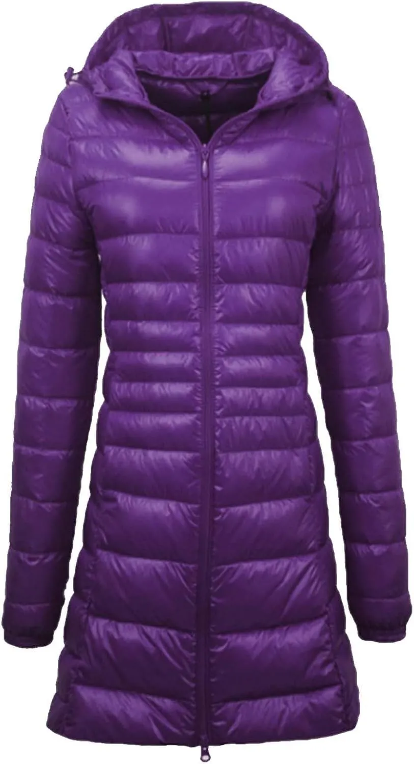 Womens Solid Long Puffer Jacket Fashion Slim Hooded Down Coat Lightweight Packable Long Sleeve Overcoat Daily Outwear