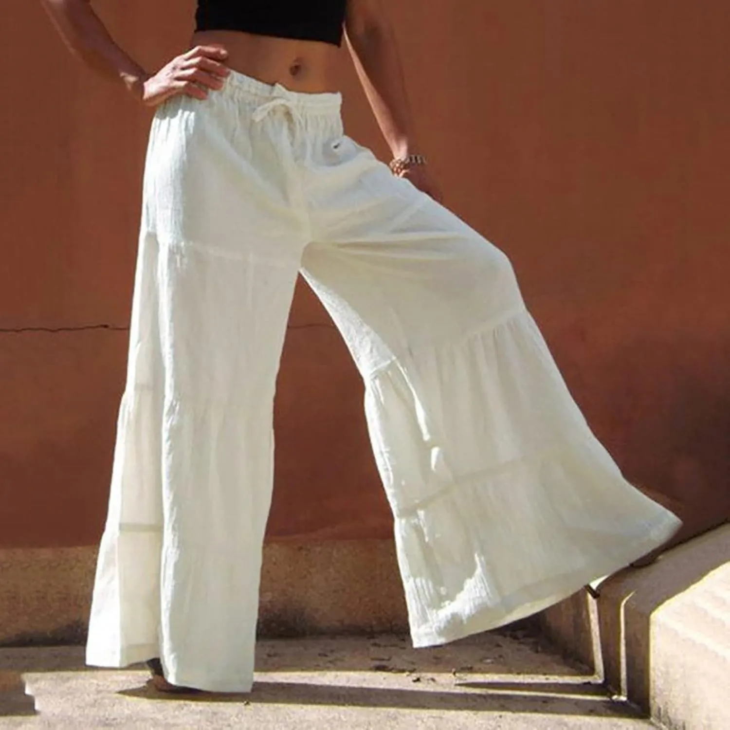 Women's Solid Trendy High Waist Drawstring Pants with Pockets for Summer Beach Vacation Plus Size Baggy Yoga Pants