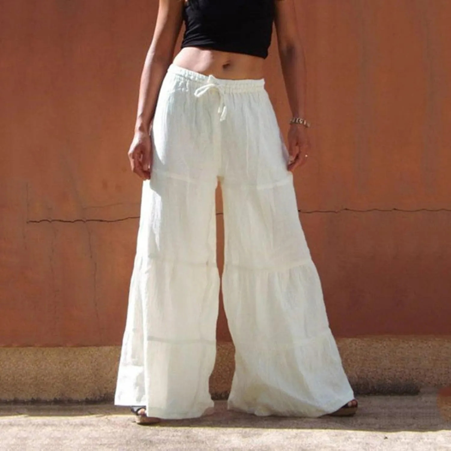 Women's Solid Trendy High Waist Drawstring Pants with Pockets for Summer Beach Vacation Plus Size Baggy Yoga Pants