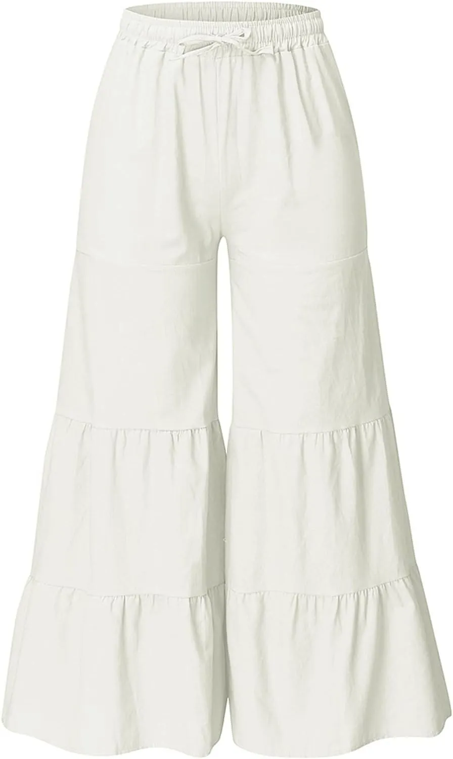 Women's Solid Trendy High Waist Drawstring Pants with Pockets for Summer Beach Vacation Plus Size Baggy Yoga Pants