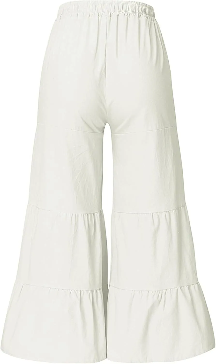 Women's Solid Trendy High Waist Drawstring Pants with Pockets for Summer Beach Vacation Plus Size Baggy Yoga Pants