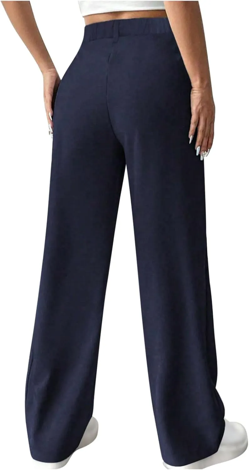Women's Straight Leg Pants High Waisted Stretchy Business Work Casual Trousers Palazzo Wide Leg Pant with Pockets