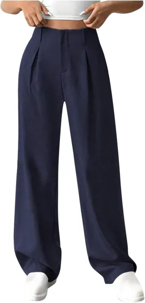 Women's Straight Leg Pants High Waisted Stretchy Business Work Casual Trousers Palazzo Wide Leg Pant with Pockets