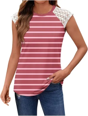 Women's Striped Lace Patchwork Tank Tops Round Neck Sleeveless Shirts Summer Casual Color Block Vacation Beach Tees